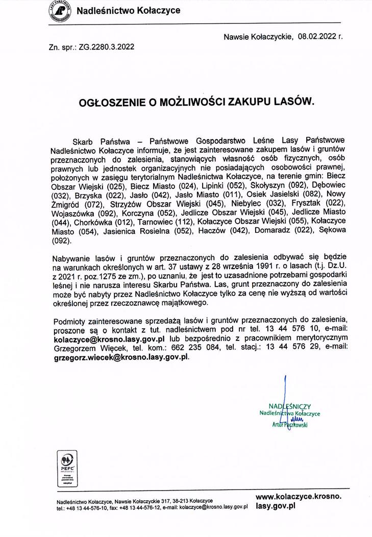 Skan ogłoszenia o możliwościu wykupu lasów